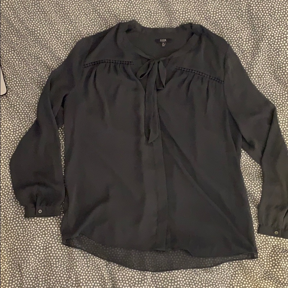 Gray long sleeve blouse with tie in front